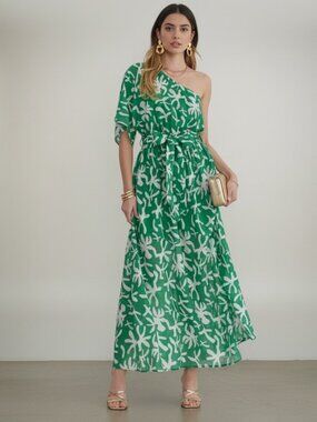 Entro NWT Green One-Shoulder Printed Midi Dress with Slit Sz M